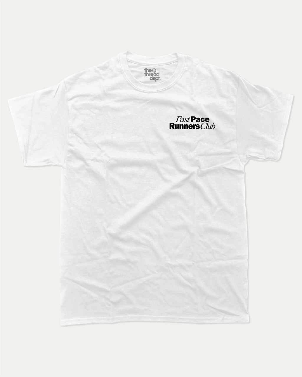 Fast Pace Runners Club graphic tee with bold and humorous print, Perfect Gift for Runners, Running Crew Graphic T shirt,  funny and trendy graphic. Perfect for adults and gift-giving. White shirt.
