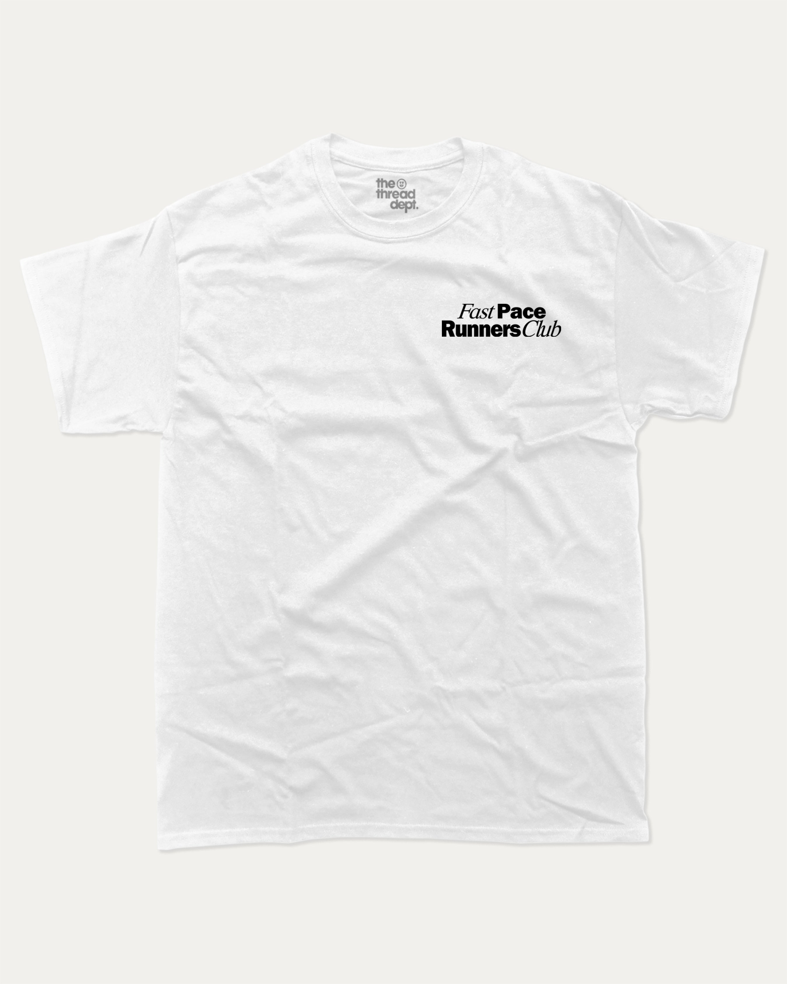 Fast Pace Runners Club graphic tee with bold and humorous print, Perfect Gift for Runners, Running Crew Graphic T shirt,  funny and trendy graphic. Perfect for adults and gift-giving. White shirt.