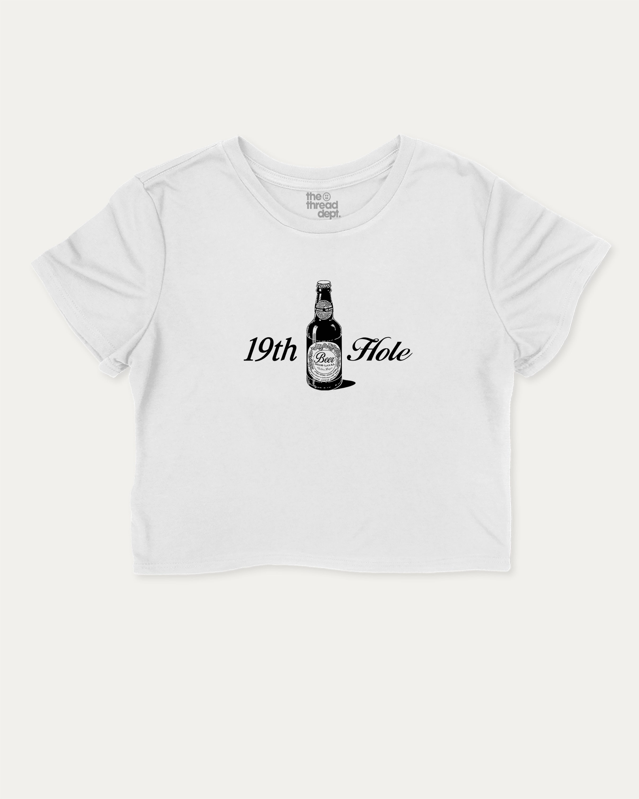 Golf 19th Hole Beer graphic crop tee with funny and trendy slogan print, perfect for women_ casual looks or layering. Perfect Gift for Golfers, Golf lovers Graphic cropped t shirt,   White crop t-shirt.