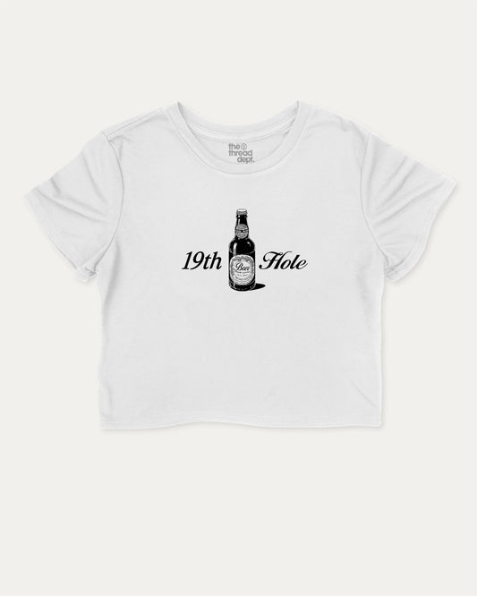 Golf 19th Hole Beer graphic crop tee with funny and trendy slogan print, perfect for women’s casual looks or layering. Perfect Gift for Golfers, Golf lovers Graphic cropped t shirt,   White crop t-shirt.