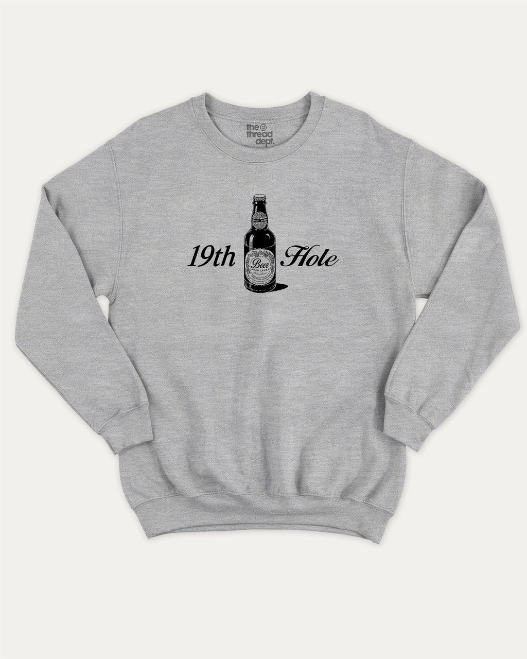 Golf 19th Hole Beer graphic sweatshirt with bold and humorous print, warm and cozy graphic for everyday wear. Perfect Gift for Golfers, Golf lovers Graphic Sweatshirt,  Perfect for adults and gift-giving. Heather Grey pullover.