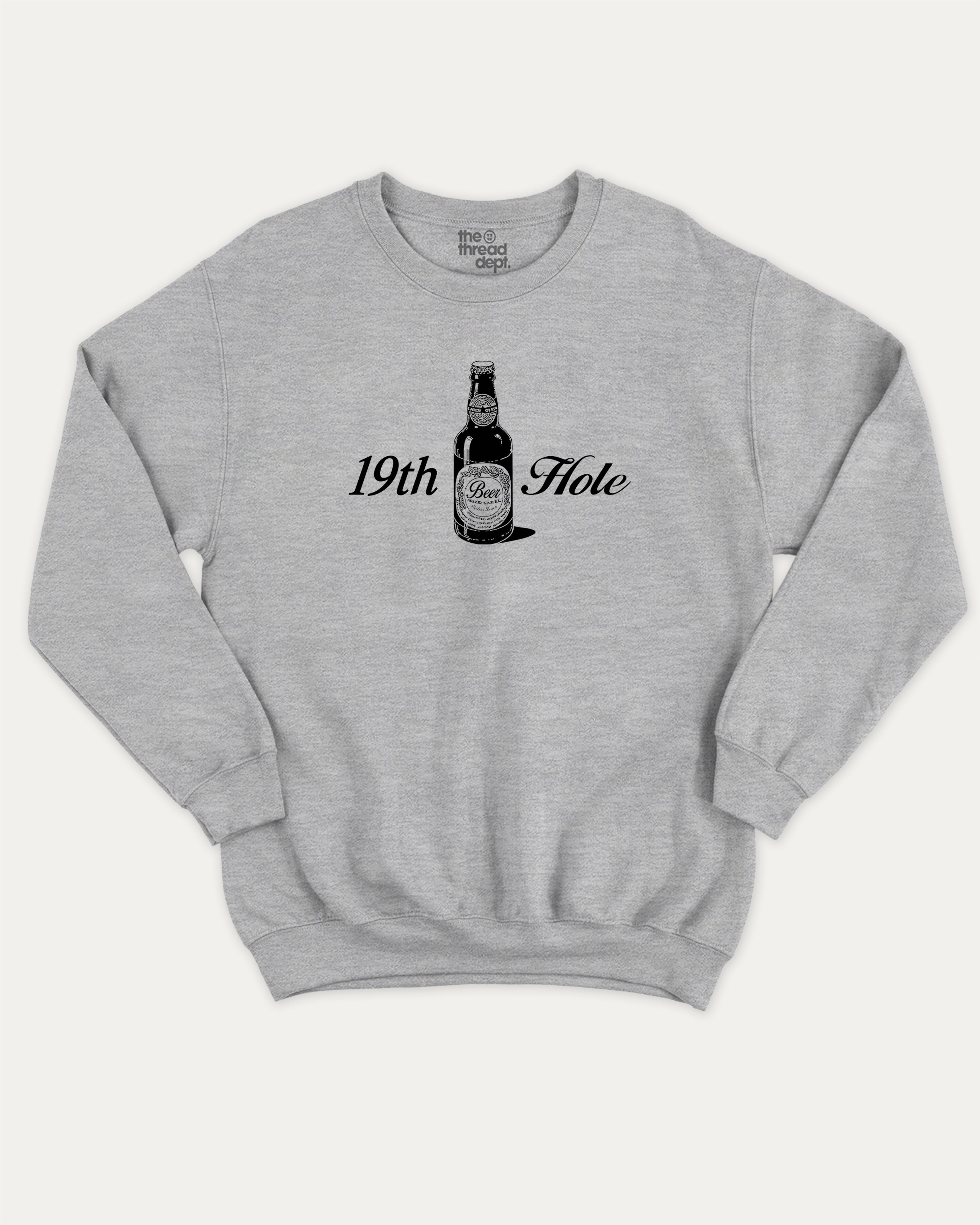Golf 19th Hole Beer graphic sweatshirt with bold and humorous print, warm and cozy graphic for everyday wear. Perfect Gift for Golfers, Golf lovers Graphic Sweatshirt,  Perfect for adults and gift-giving. Heather Grey pullover.