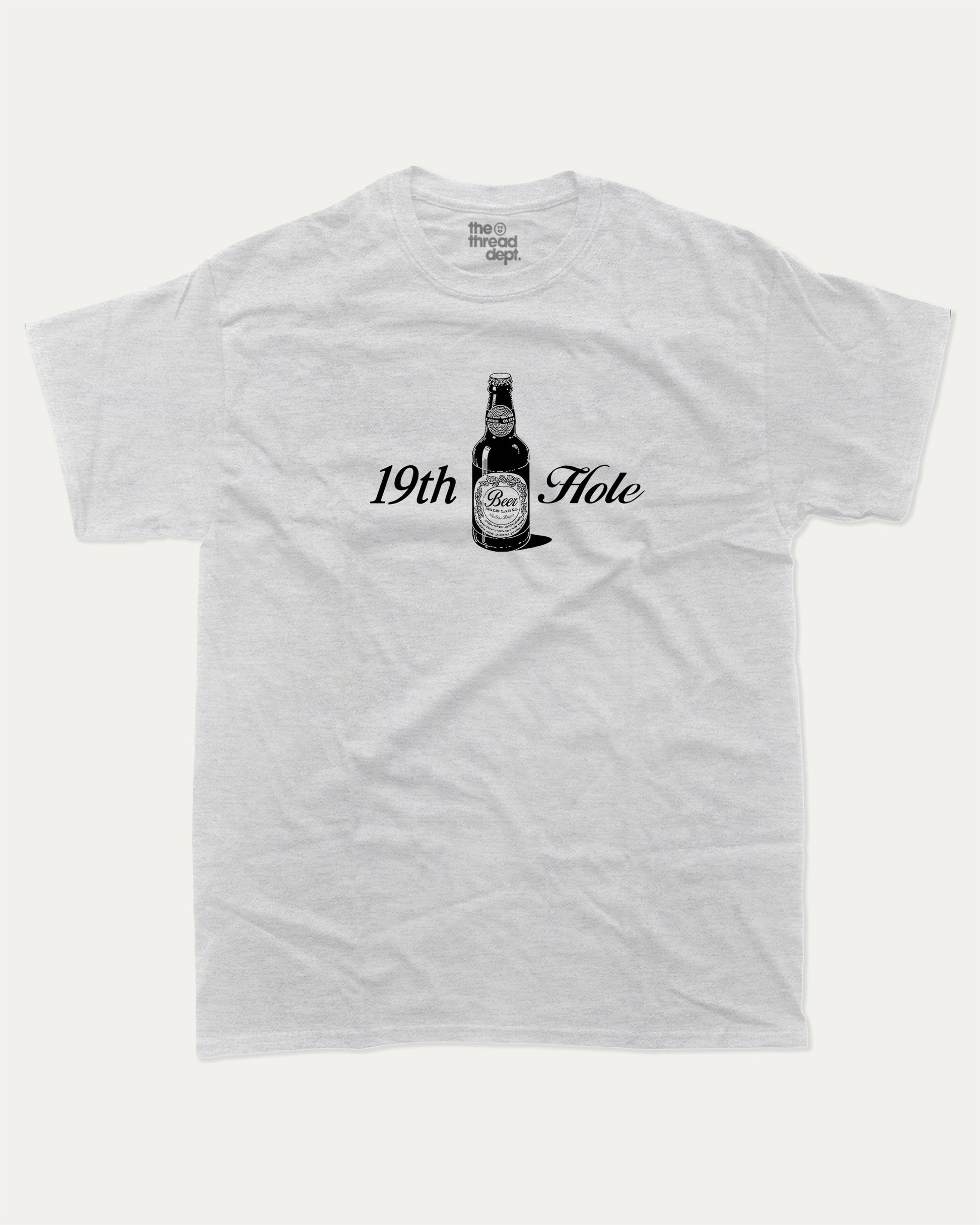 Golf 19th Hole Beer graphic tee with bold and humorous print, funny and trendy graphic. Perfect Gift for Golfers, Golf lovers Graphic T shirt,  Perfect for adults and gift-giving. Ash Grey shirt.