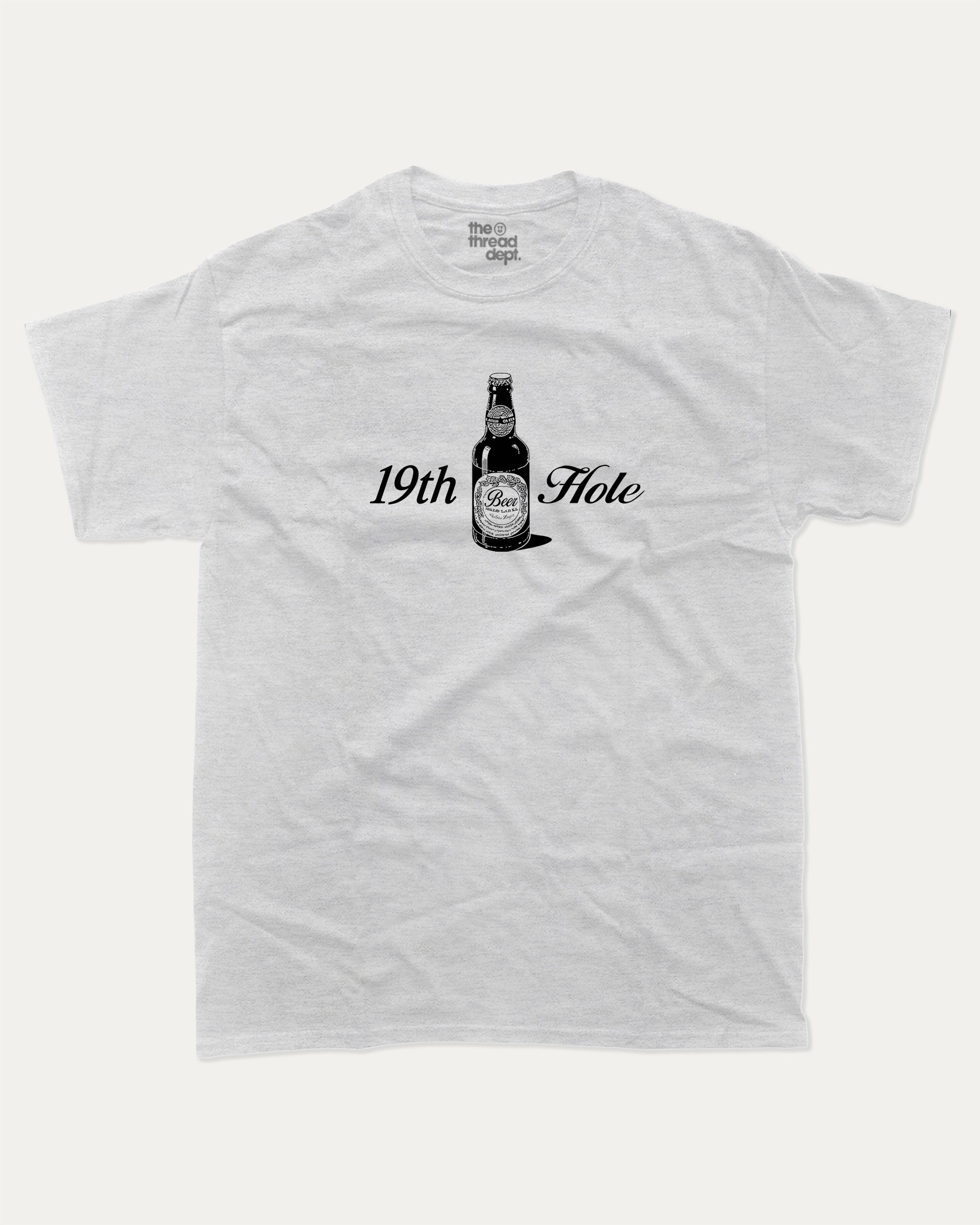 Golf 19th Hole Beer graphic tee with bold and humorous print, funny and trendy graphic. Perfect Gift for Golfers, Golf lovers Graphic T shirt,  Perfect for adults and gift-giving. Ash Grey shirt.