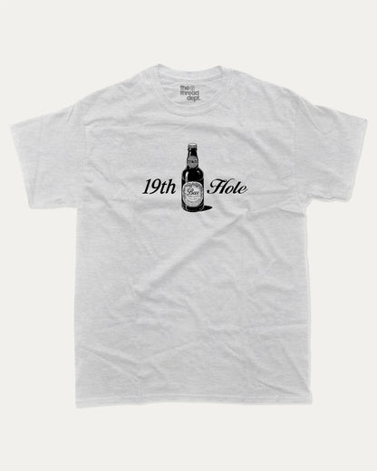 Golf 19th Hole Beer graphic tee with bold and humorous print, funny and trendy graphic. Perfect Gift for Golfers, Golf lovers Graphic T shirt,  Perfect for adults and gift-giving. Ash Grey shirt.