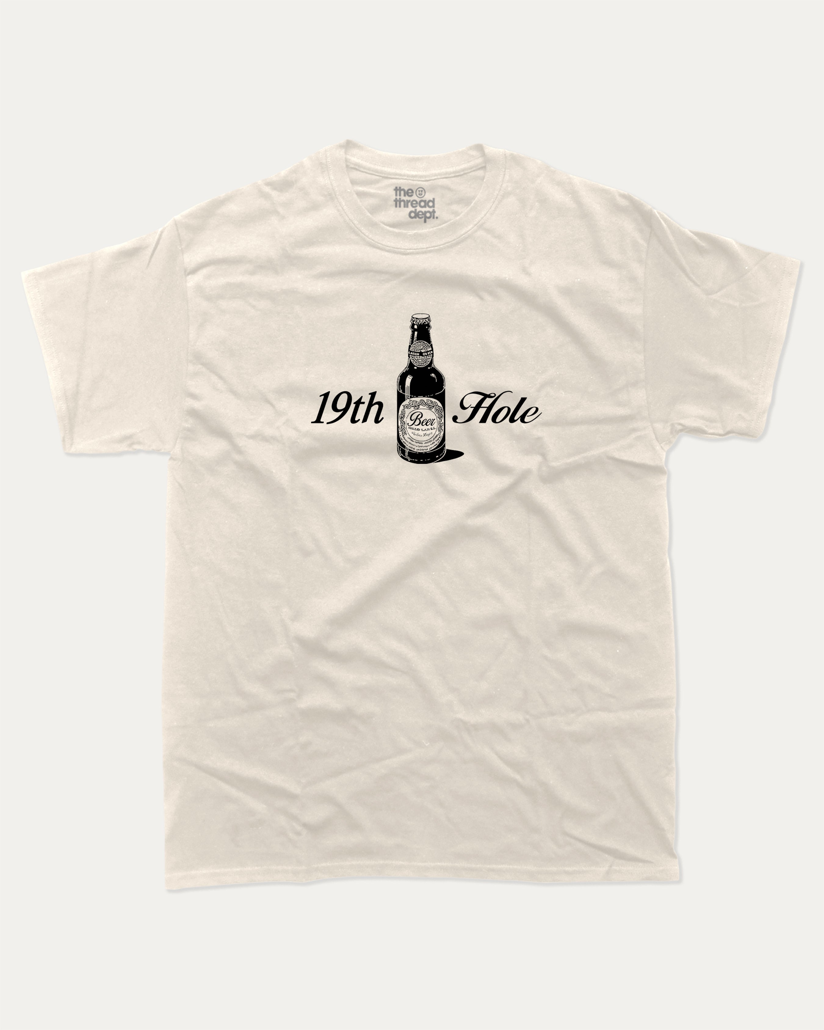 Golf 19th Hole Beer graphic tee with bold and humorous print, funny and trendy graphic. Perfect Gift for Golfers, Golf lovers Graphic T shirt,  Perfect for adults and gift-giving. Cream shirt.