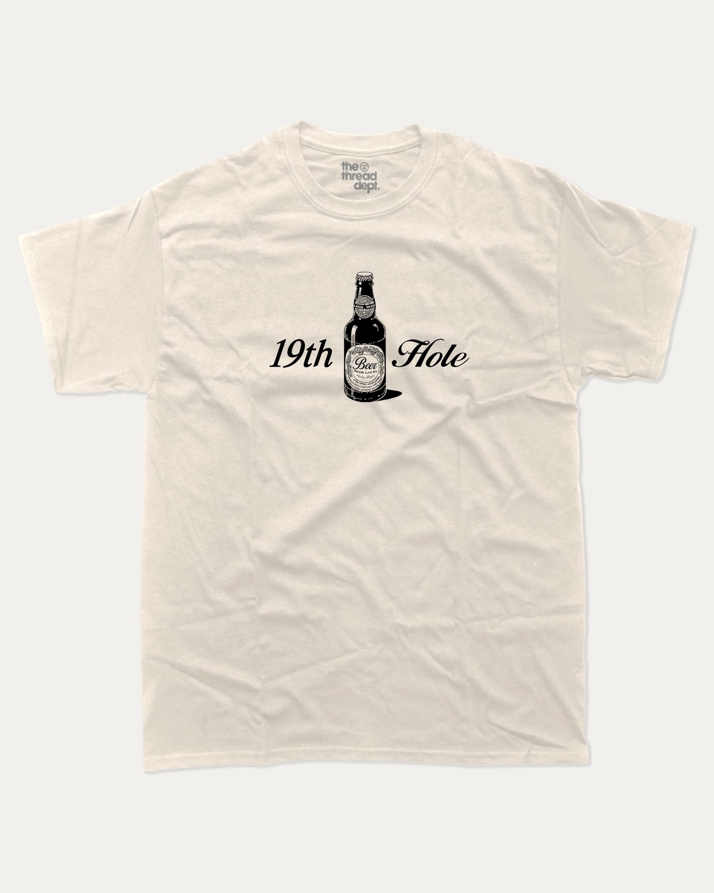 Golf 19th Hole Beer graphic tee with bold and humorous print, funny and trendy graphic. Perfect Gift for Golfers, Golf lovers Graphic T shirt,  Perfect for adults and gift-giving. Cream shirt.