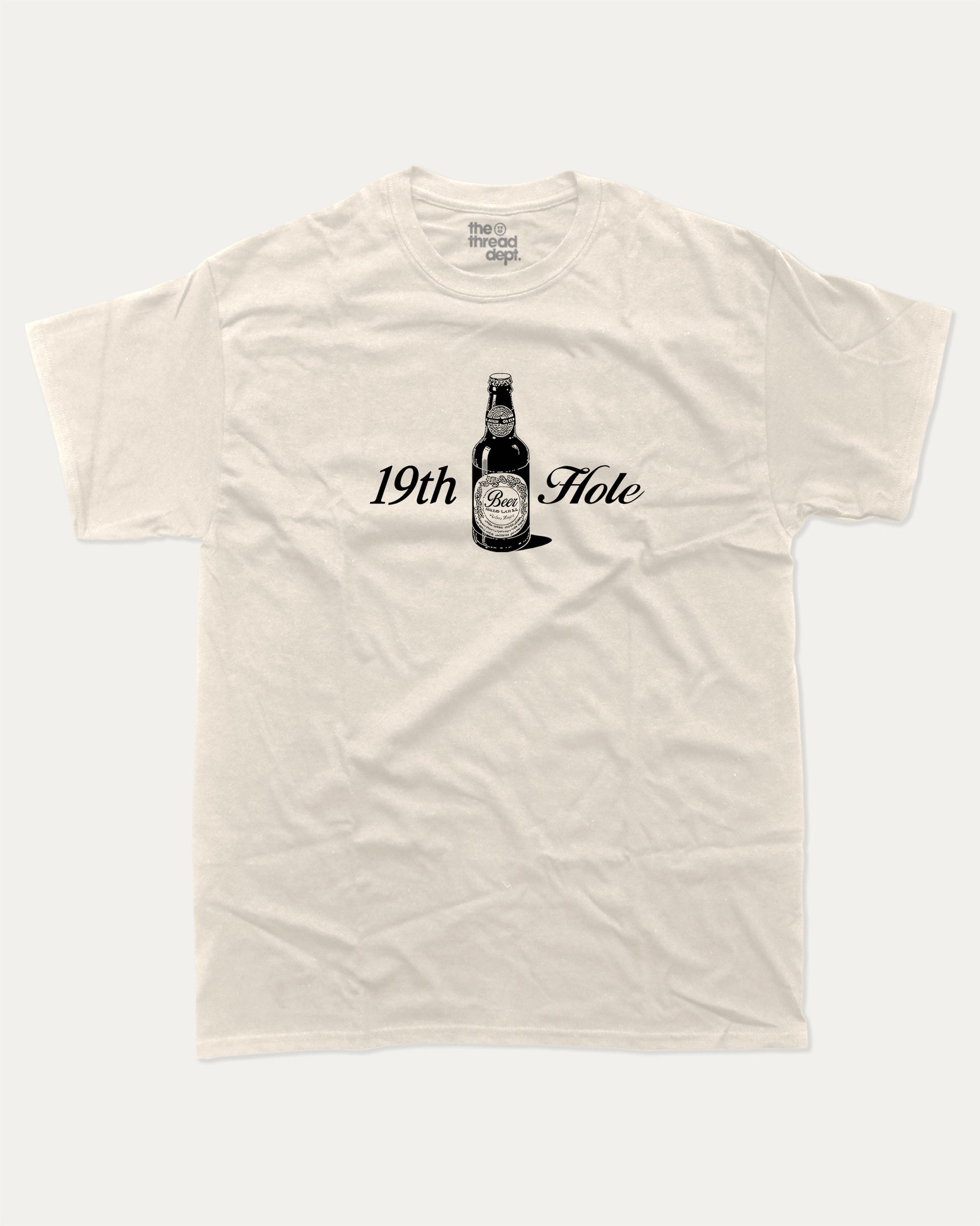 Golf 19th Hole Beer graphic tee with bold and humorous print, funny and trendy graphic. Perfect Gift for Golfers, Golf lovers Graphic T shirt,  Perfect for adults and gift-giving. Cream shirt.