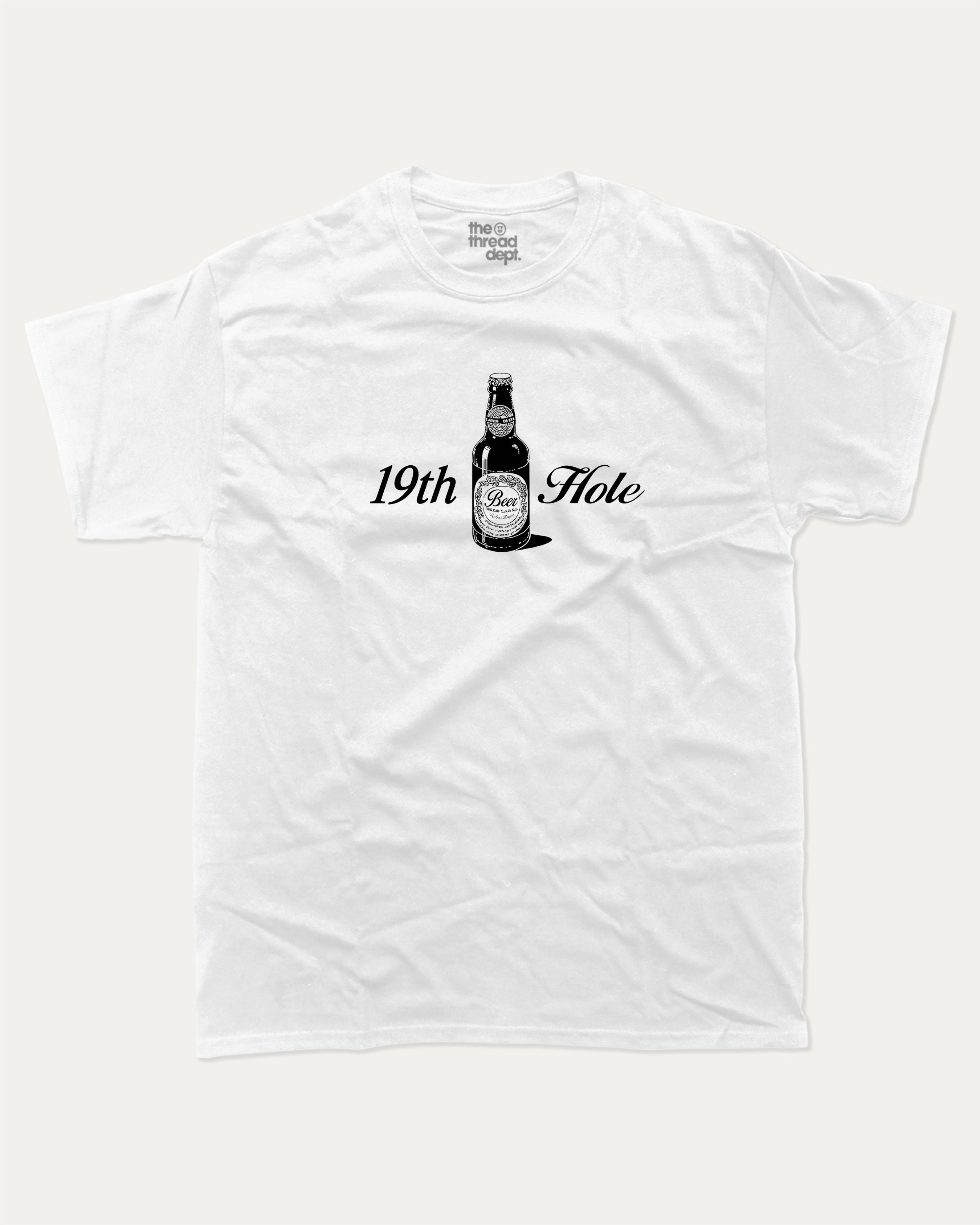 Golf 19th Hole Beer graphic tee with bold and humorous print, funny and trendy graphic. Perfect Gift for Golfers, Golf lovers Graphic T shirt,  Perfect for adults and gift-giving. White shirt.