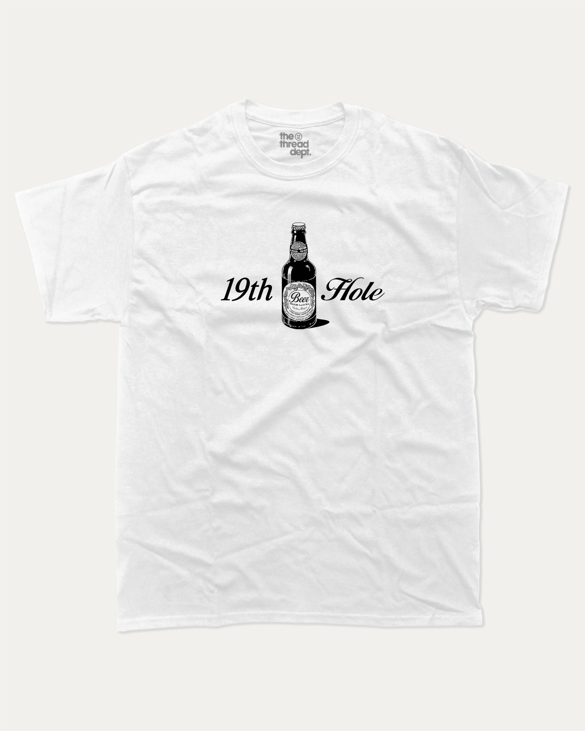 Golf 19th Hole Beer graphic tee with bold and humorous print, funny and trendy graphic. Perfect Gift for Golfers, Golf lovers Graphic T shirt,  Perfect for adults and gift-giving. White shirt.