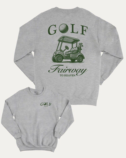 Golf Fairway To Heaven pullover sweatshirt, perfect for gifts. A must-have golf graphic pullover, comfy cold-weather wear, bold casual look. Heather Grey sweater