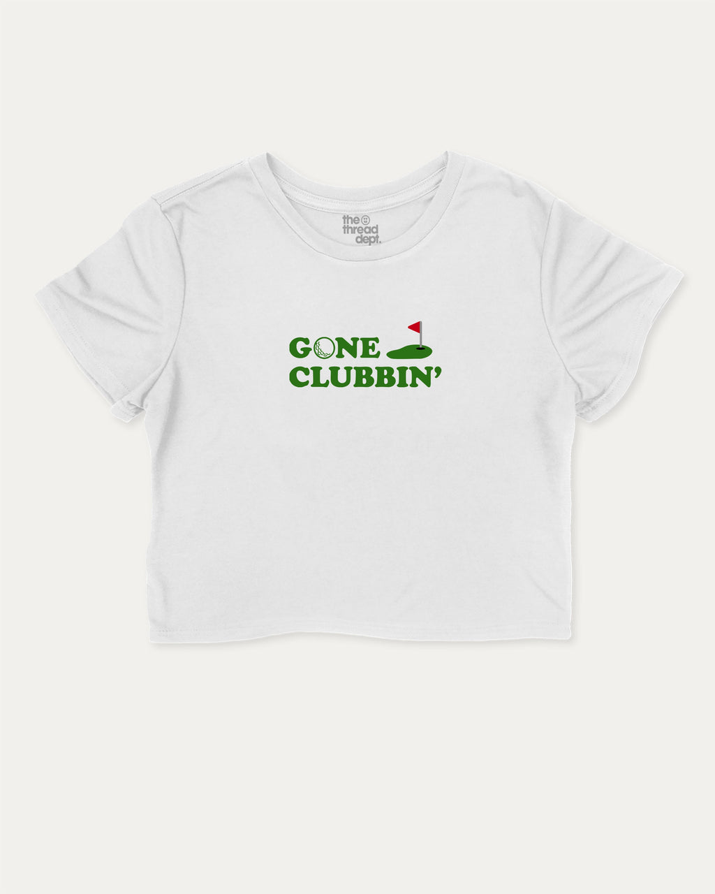 Gone Clubbin graphic crop tee with funny and trendy slogan print, Golf Lover Graphic T shirt, Golf T shirt, Funny Golf Graphic tee, perfect for women’s casual looks or layering. White crop t-shirt.