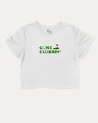 Gone Clubbin graphic crop tee with funny and trendy slogan print, Golf Lover Graphic T shirt, Golf T shirt, Funny Golf Graphic tee, perfect for women’s casual looks or layering. White crop t-shirt.