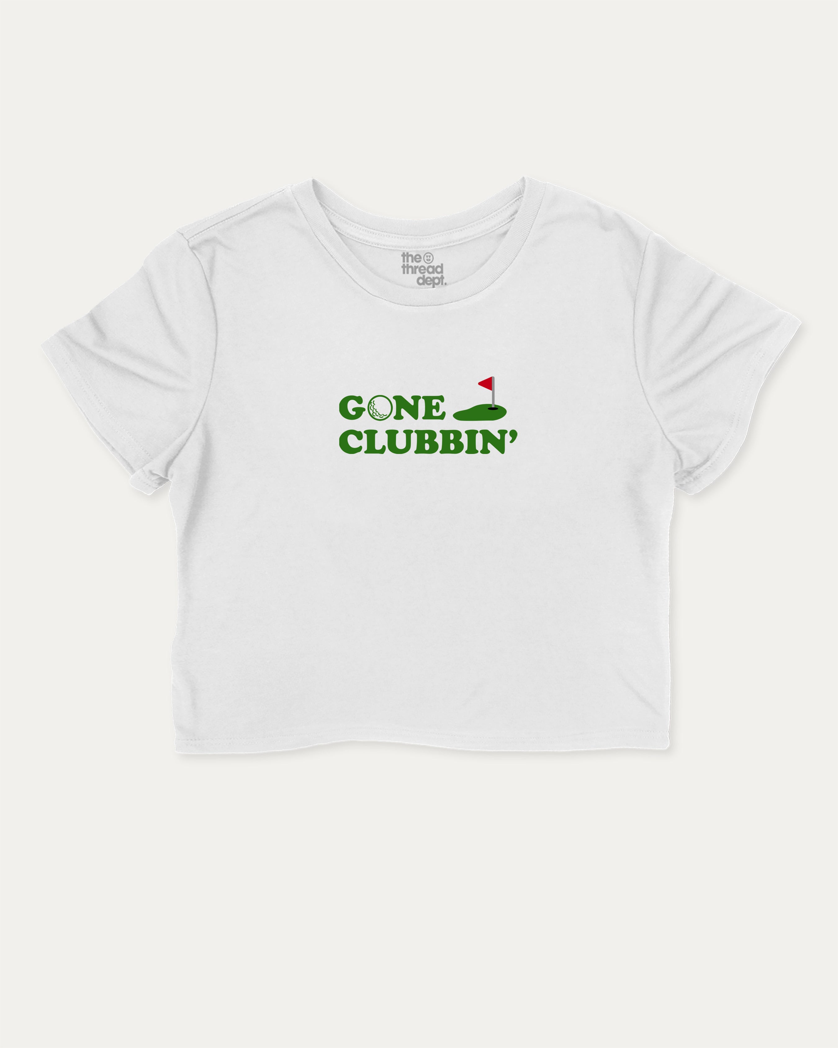 Gone Clubbin graphic crop tee with funny and trendy slogan print, Golf Lover Graphic T shirt, Golf T shirt, Funny Golf Graphic tee, perfect for women’s casual looks or layering. White crop t-shirt.