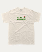 Gone Clubbin graphic tee with bold and humorous print, Golf Lover Graphic T shirt, Golf T shirt, Funny Golf Graphic tee, funny and trendy graphic. Perfect for adults and gift-giving. Cream shirt.