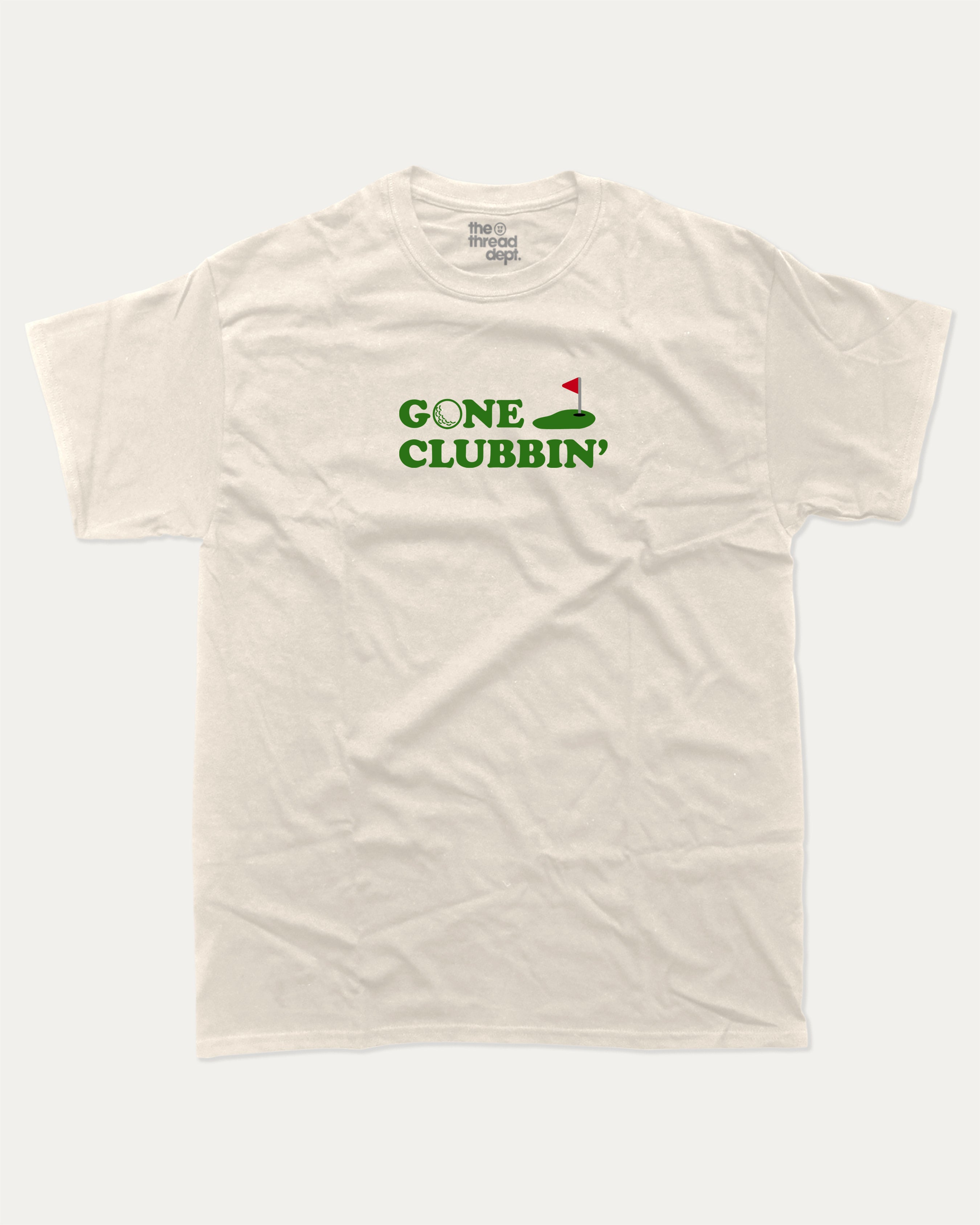 Gone Clubbin graphic tee with bold and humorous print, Golf Lover Graphic T shirt, Golf T shirt, Funny Golf Graphic tee, funny and trendy graphic. Perfect for adults and gift-giving. Cream shirt.