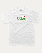 Gone Clubbin graphic tee with bold and humorous print, Golf Lover Graphic T shirt, Golf T shirt, Funny Golf Graphic tee, funny and trendy graphic. Perfect for adults and gift-giving. White shirt.