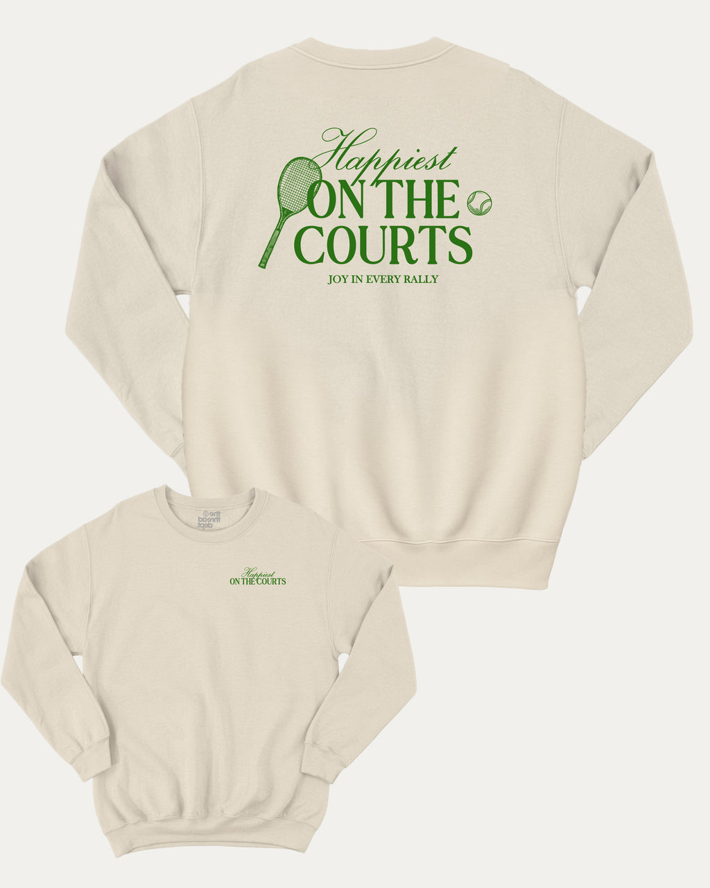 Happiest On The Courts graphic sweatshirt with retro tennis graphic, warm and cozy graphic for everyday wear. Perfect for tennis lover and gift-giving. Natural pullover.