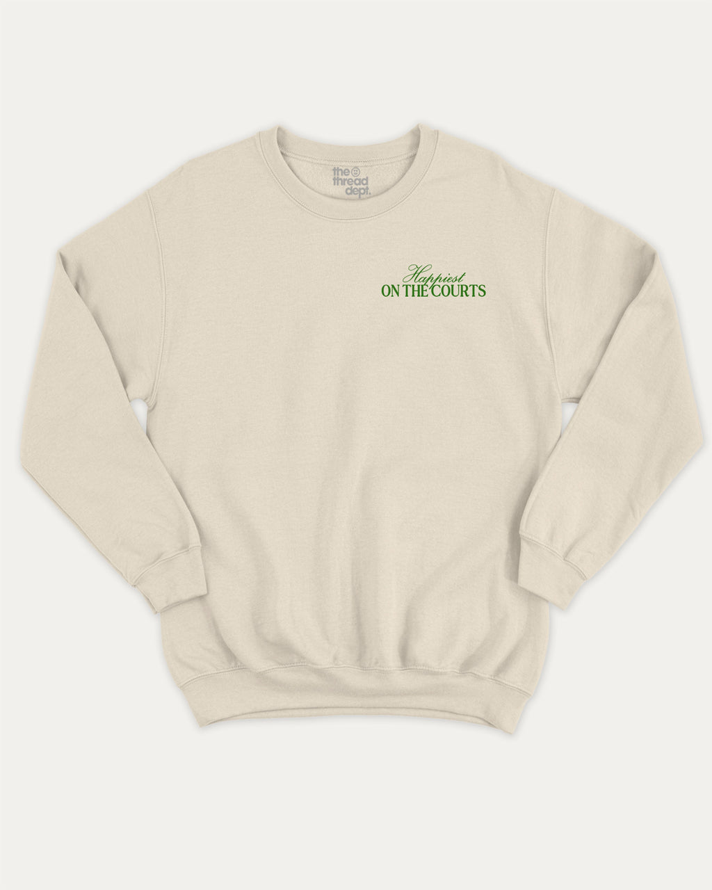 Happiest On The Courts graphic sweatshirt with retro tennis graphic, warm and cozy graphic for everyday wear. Perfect for tennis lover and gift-giving. Natural pullover.