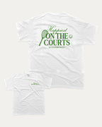 Happiest On The Courts graphic tee with retro tennis print, funny and trendy graphic. Perfect for adults and gift-giving. White shirt.