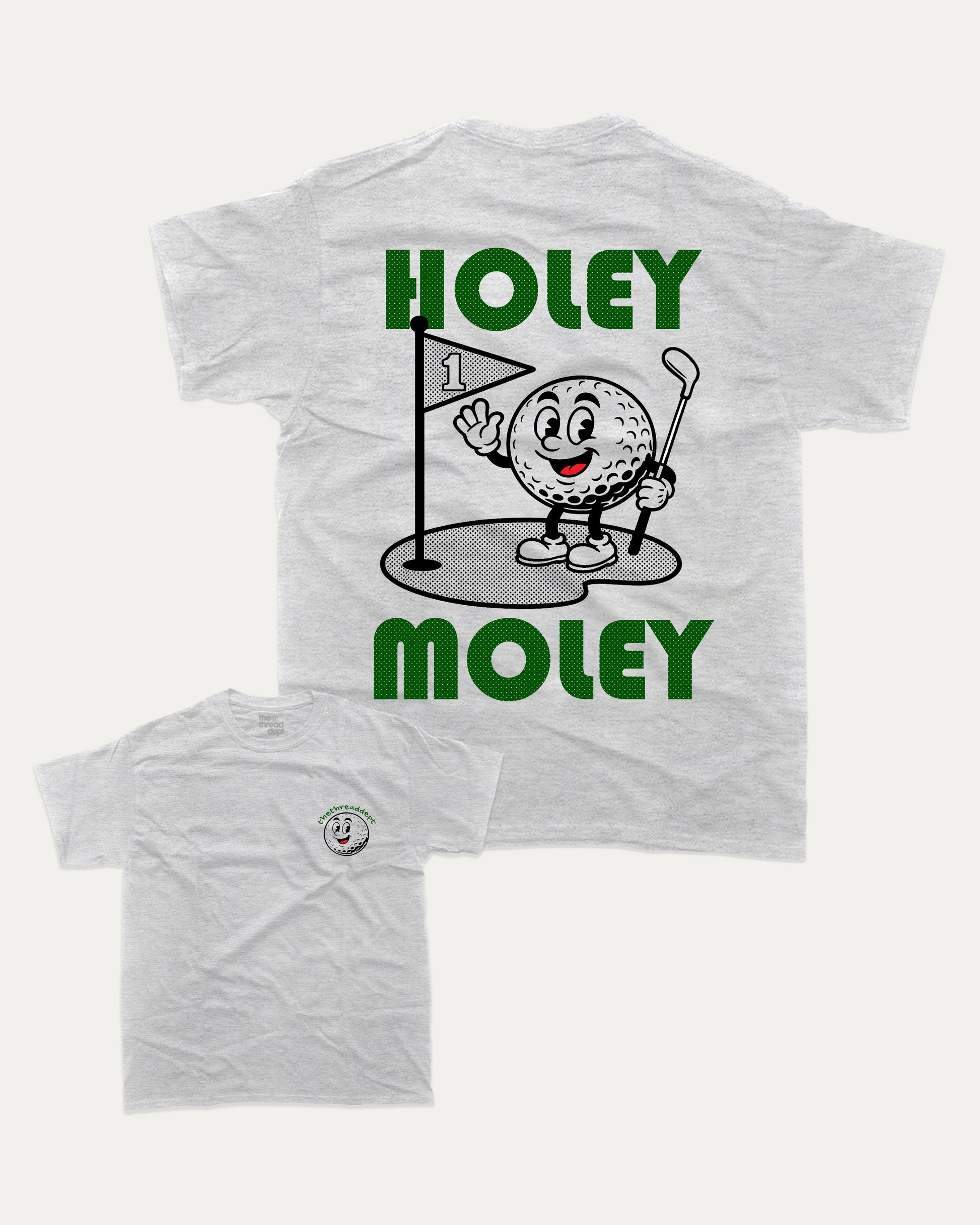 Holy Moley graphic t-shirt, perfect for adults. A must-have funny tee, Golf Graphic Tee, Humorous Golf Tee shirt, Trendy Golf Tee shirt, unique gift idea. Ash Grey .
