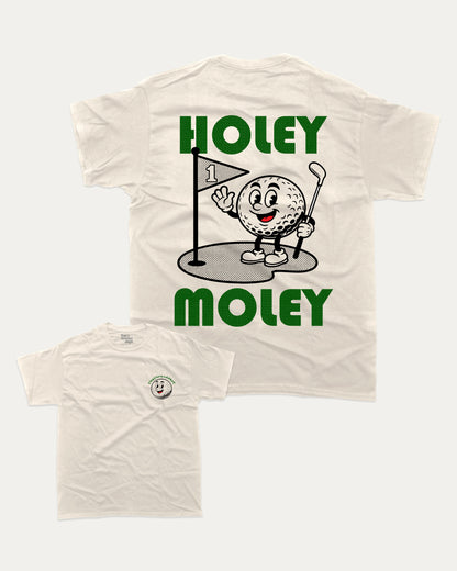 Holy Moley graphic t-shirt, perfect for adults. A must-have funny tee, Golf Graphic Tee, Humorous Golf Tee shirt, Trendy Golf Tee shirt, unique gift idea. Cream.