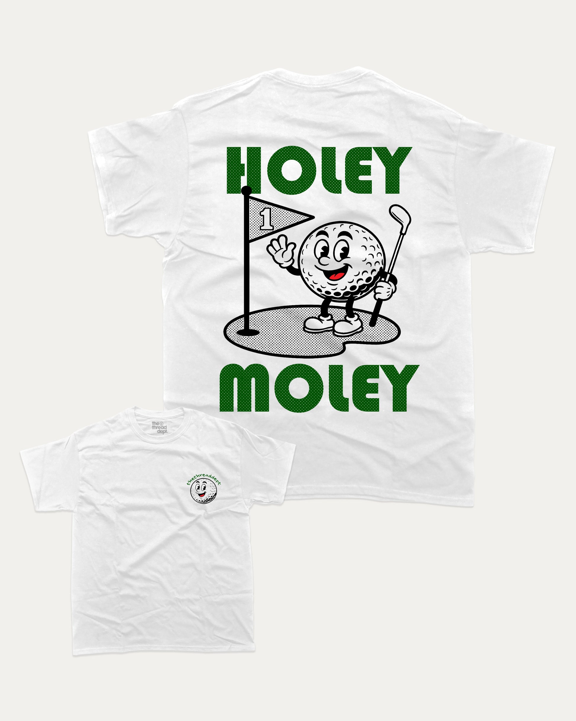 Holy Moley graphic t-shirt, perfect for adults. A must-have funny tee, Golf Graphic Tee, Humorous Golf Tee shirt, Trendy Golf Tee shirt, unique gift idea. White.