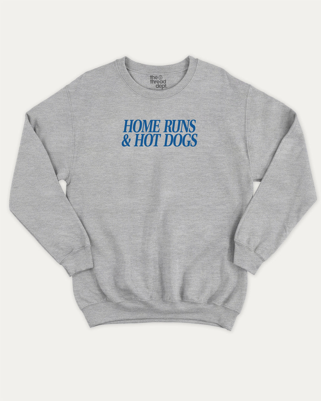 Home Runs and Hotdogs graphic sweatshirt with bold and humorous print, warm and cozy graphic for everyday wear. Perfect for adults and gift-giving. Heather Grey pullover.