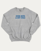 Home Runs and Hotdogs graphic sweatshirt with bold and humorous print, warm and cozy graphic for everyday wear. Perfect for adults and gift-giving. Heather Grey pullover.