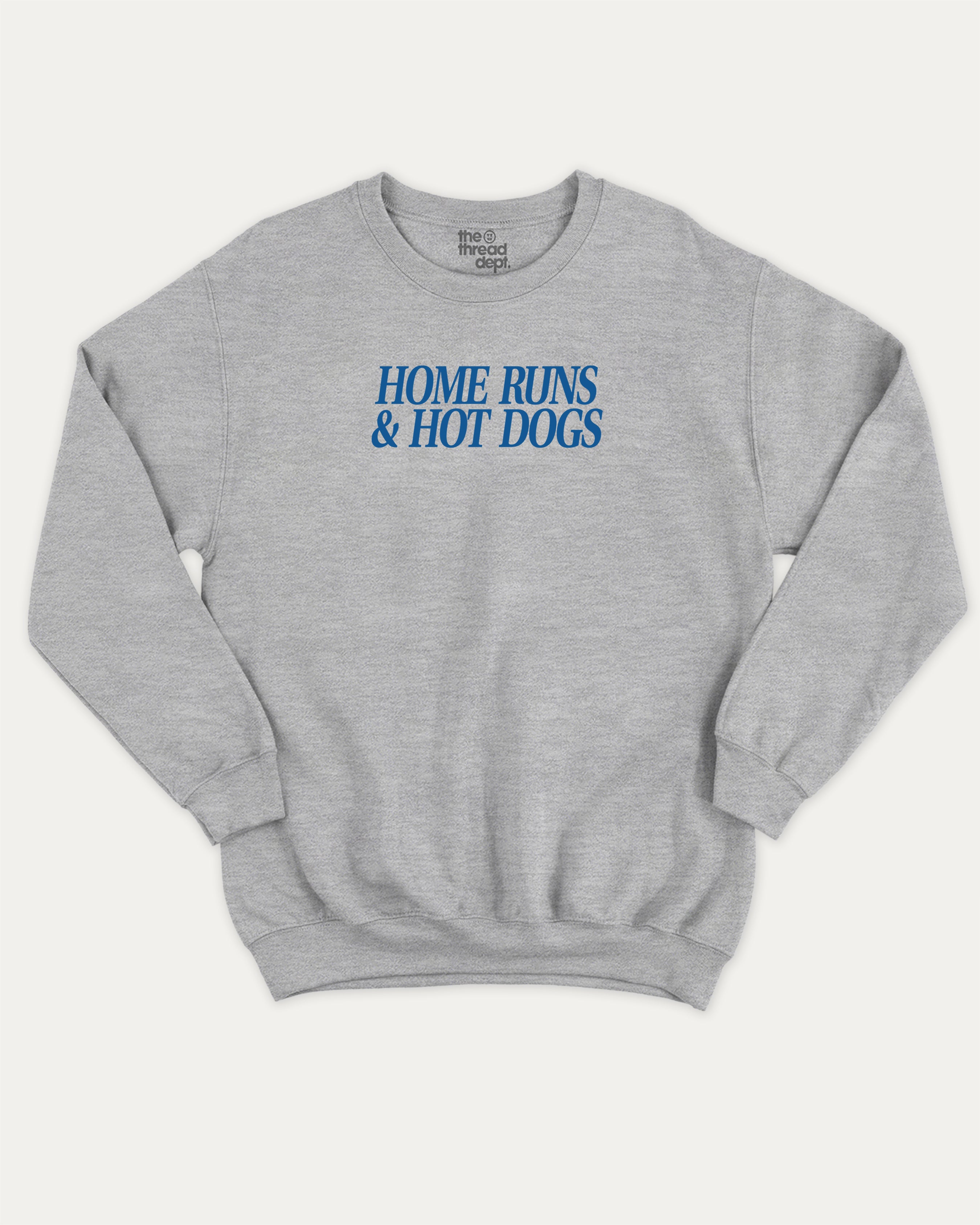 Home Runs and Hotdogs graphic sweatshirt with bold and humorous print, warm and cozy graphic for everyday wear. Perfect for adults and gift-giving. Heather Grey pullover.