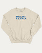 Home Runs and Hotdogs graphic sweatshirt with bold and humorous print, warm and cozy graphic for everyday wear. Perfect for adults and gift-giving. Natural pullover.