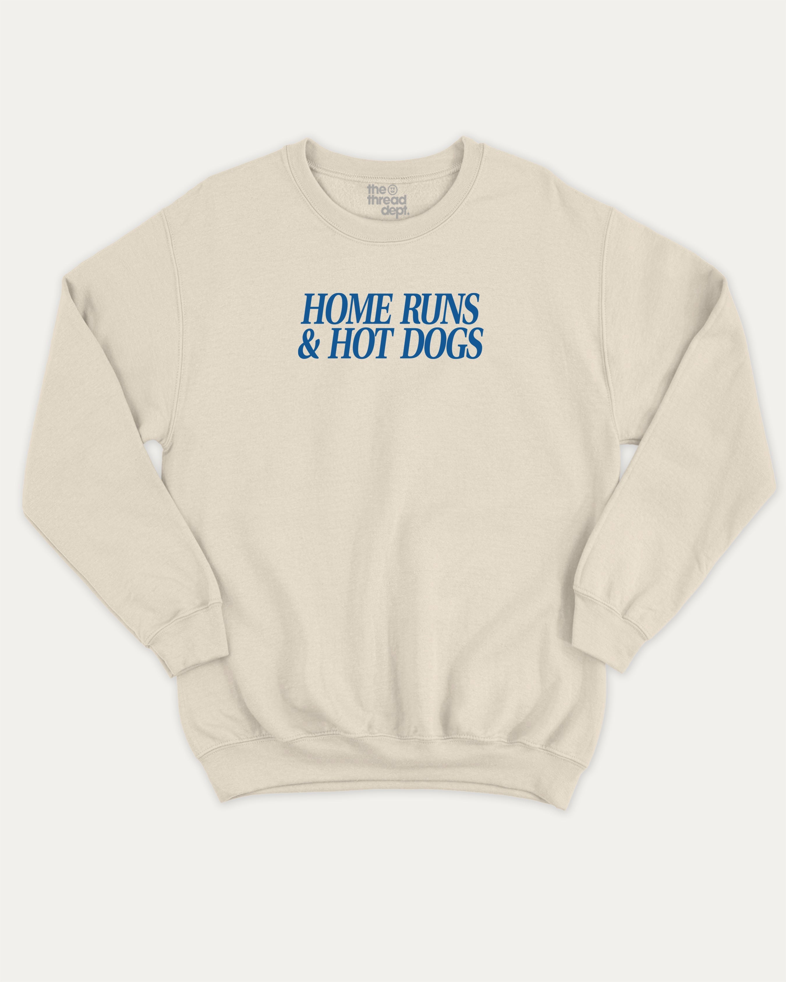 Home Runs and Hotdogs graphic sweatshirt with bold and humorous print, warm and cozy graphic for everyday wear. Perfect for adults and gift-giving. Natural pullover.