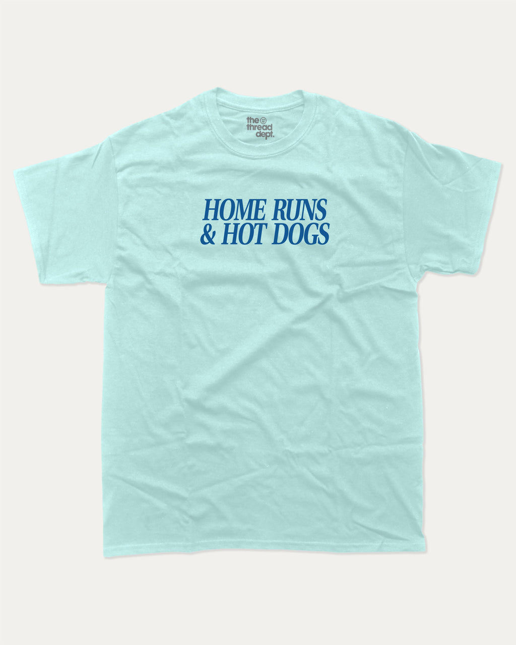 Home Runs and Hotdogs graphic tee with bold and humorous print, funny and trendy graphic. Perfect for adults and gift-giving. Celadon shirt.