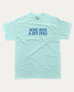 Home Runs and Hotdogs graphic tee with bold and humorous print, funny and trendy graphic. Perfect for adults and gift-giving. Celadon shirt.