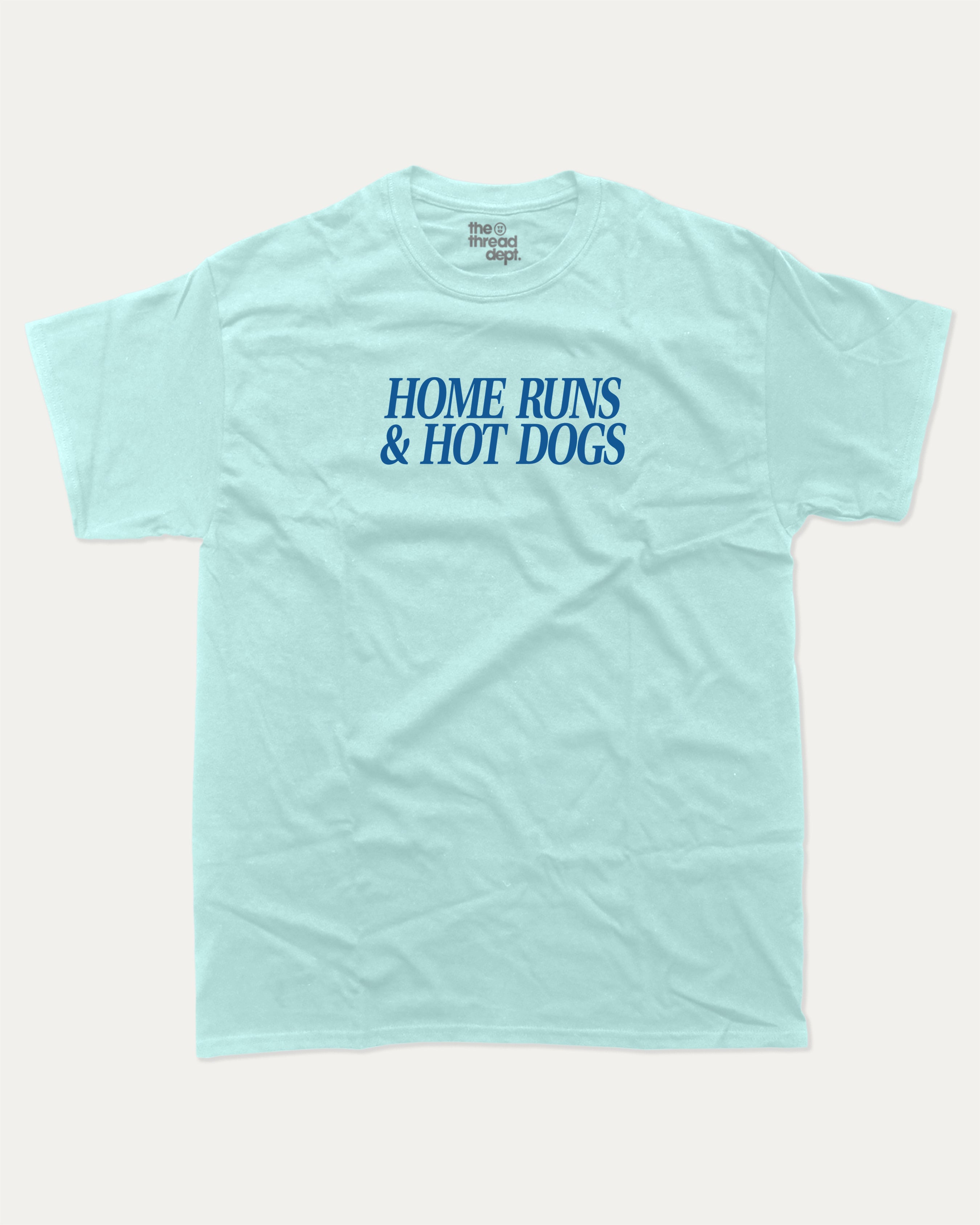 Home Runs and Hotdogs graphic tee with bold and humorous print, funny and trendy graphic. Perfect for adults and gift-giving. Celadon shirt.