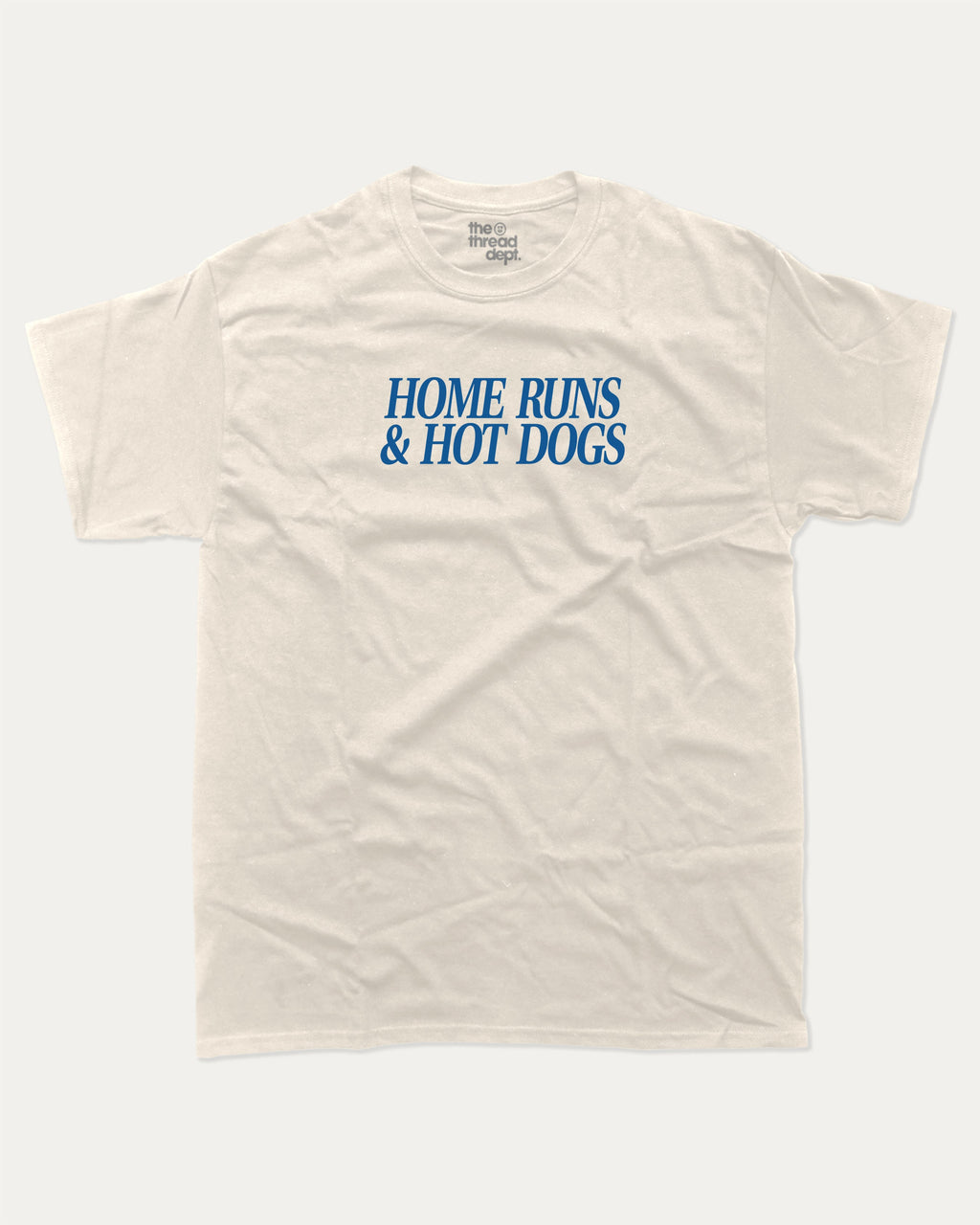 Home Runs and Hotdogs graphic tee with bold and humorous print, funny and trendy graphic. Perfect for adults and gift-giving. Cream shirt.
