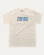 Home Runs and Hotdogs graphic tee with bold and humorous print, funny and trendy graphic. Perfect for adults and gift-giving. Cream shirt.
