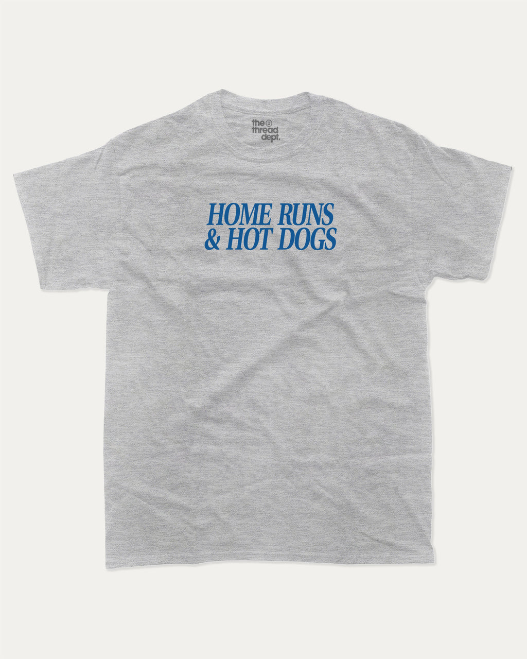 Home Runs and Hotdogs graphic tee with bold and humorous print, funny and trendy graphic. Perfect for adults and gift-giving. Heather Grey shirt.