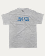 Home Runs and Hotdogs graphic tee with bold and humorous print, funny and trendy graphic. Perfect for adults and gift-giving. Heather Grey shirt.