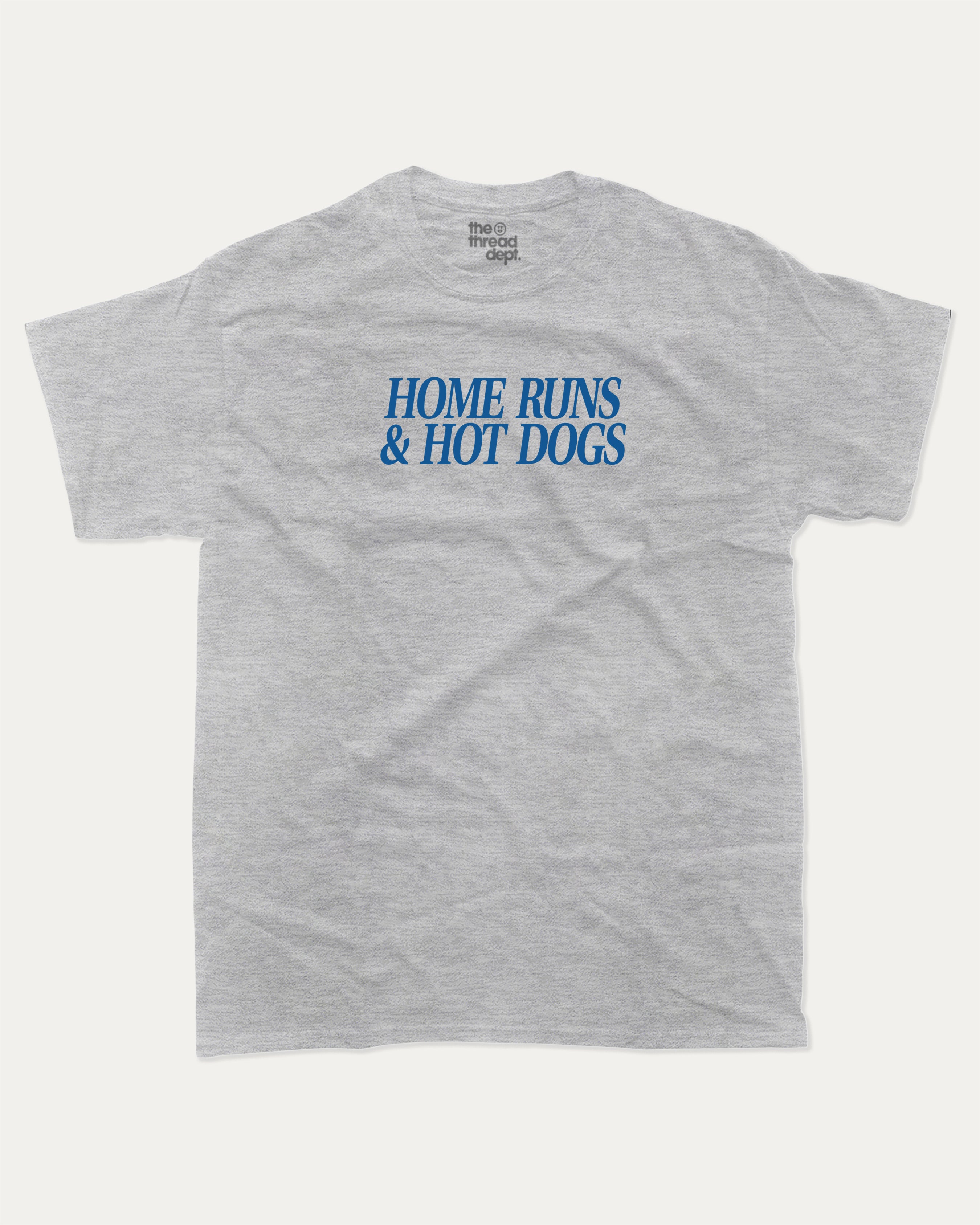 Home Runs and Hotdogs graphic tee with bold and humorous print, funny and trendy graphic. Perfect for adults and gift-giving. Heather Grey shirt.