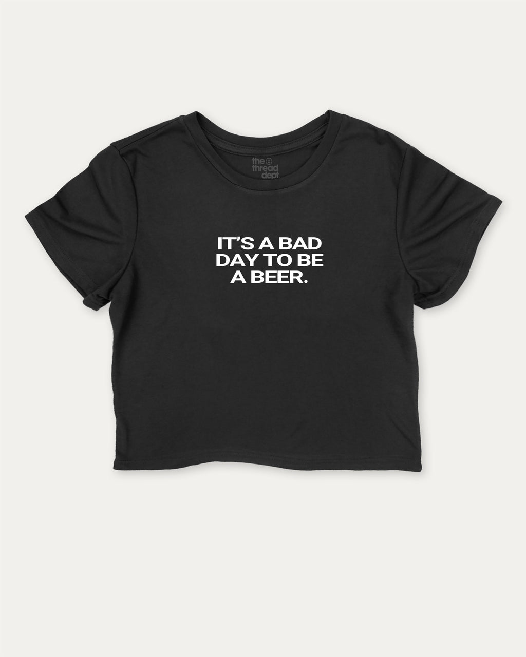 It's A Bad Day To Be A Beer graphic crop tee with funny and trendy sports print, perfect for women_ casual looks or layering. Black crop t-shirt.