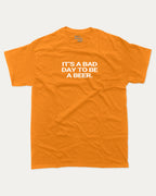 It's A Bad Day To Be A Beer graphic tee with bold and humorous print, funny sports graphic. Perfect for adults and gift-giving. Orange shirt.
