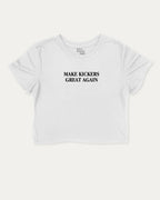 Make Kickers Great Again graphic crop tee with funny and trendy slogan print, perfect for women_ casual looks or layering. White crop t-shirt.