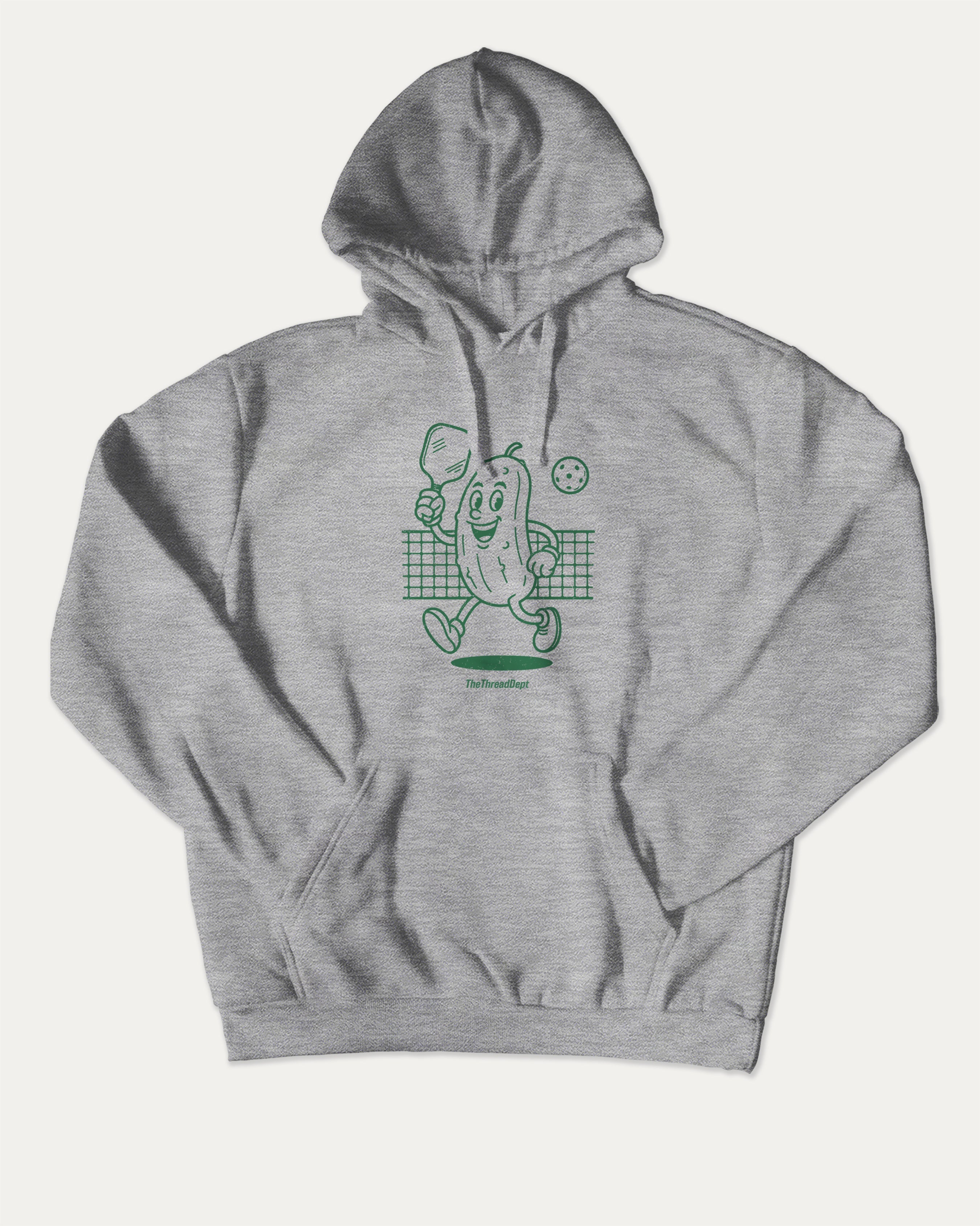 Pickleball Mascot graphic hoodie with funny and trendy artwork, casual streetwear with bold personality. Great for adults and gifting. Heather Grey hoodie.