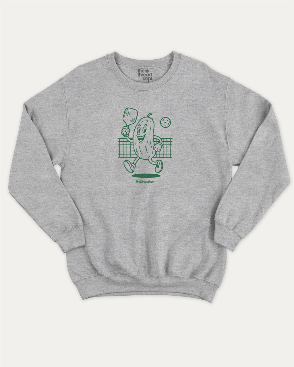 Pickleball Mascot graphic sweatshirt with bold and humorous print, Sports Graphic T shirt, Atheletic Graphic T shirt, warm and cozy graphic for everyday wear. Perfect for adults and gift-giving. Heather Grey pullover.