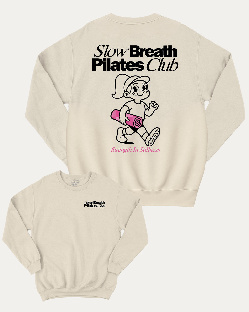 Slow Breath Pilates Club graphic sweatshirt with bold and humorous print, warm and cozy graphic for everyday wear. Perfect for adults and gift-giving. Natural pullover.
