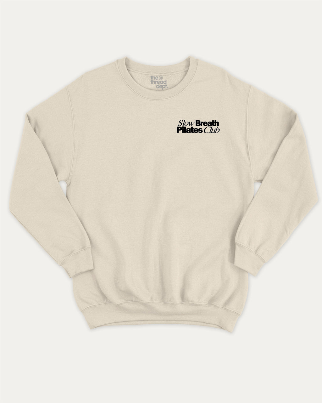 Slow Breath Pilates Club graphic sweatshirt with bold and humorous print, warm and cozy graphic for everyday wear. Perfect for adults and gift-giving. Natural pullover.