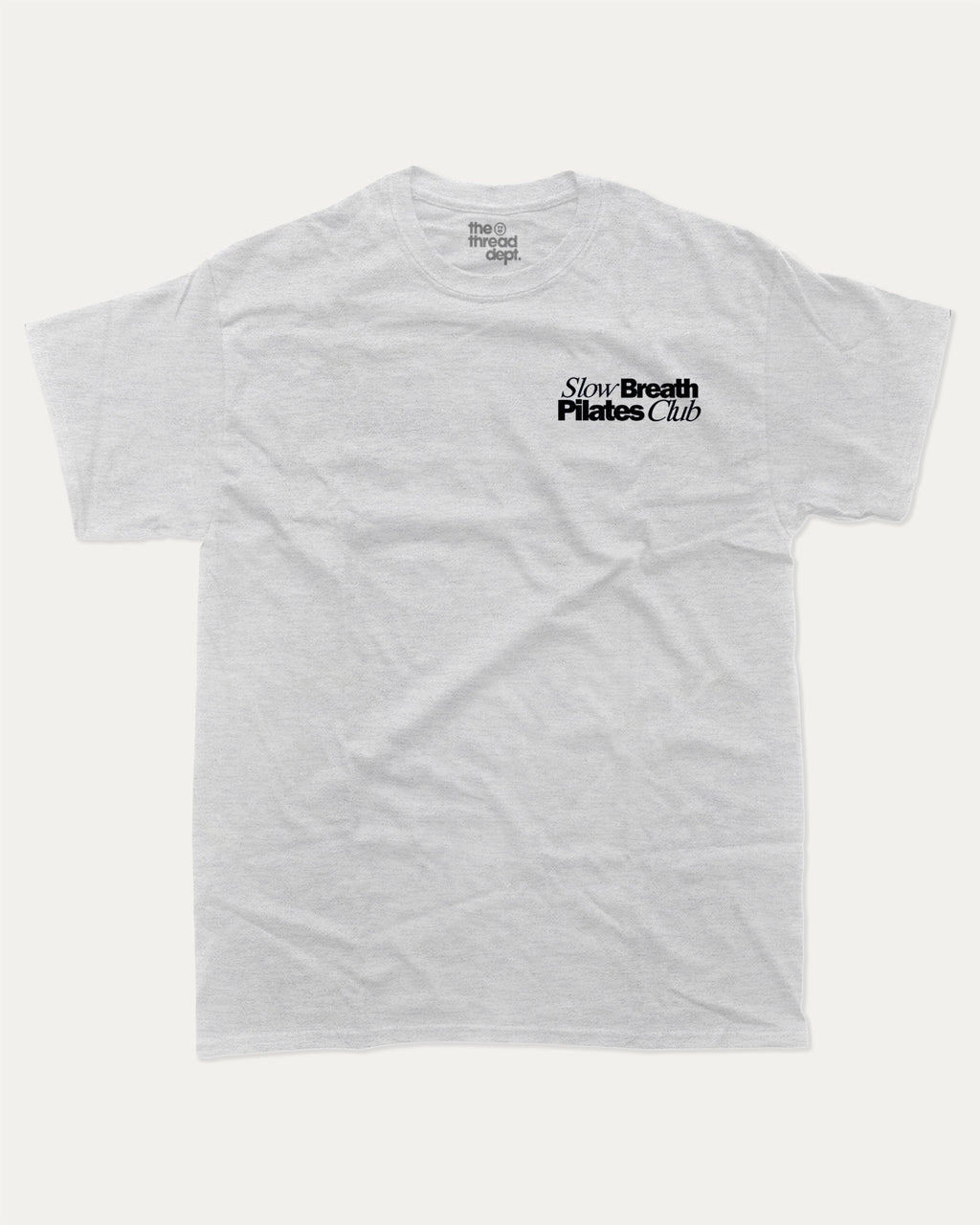 Slow Breath Pilates Club graphic tee with bold and humorous print, Pilates Graphic tee, Excercise Graphic tee, Workout t shirt, Perfect Gift for fit people, funny and trendy graphic. Perfect for adults and gift-giving. Ash Grey shirt.