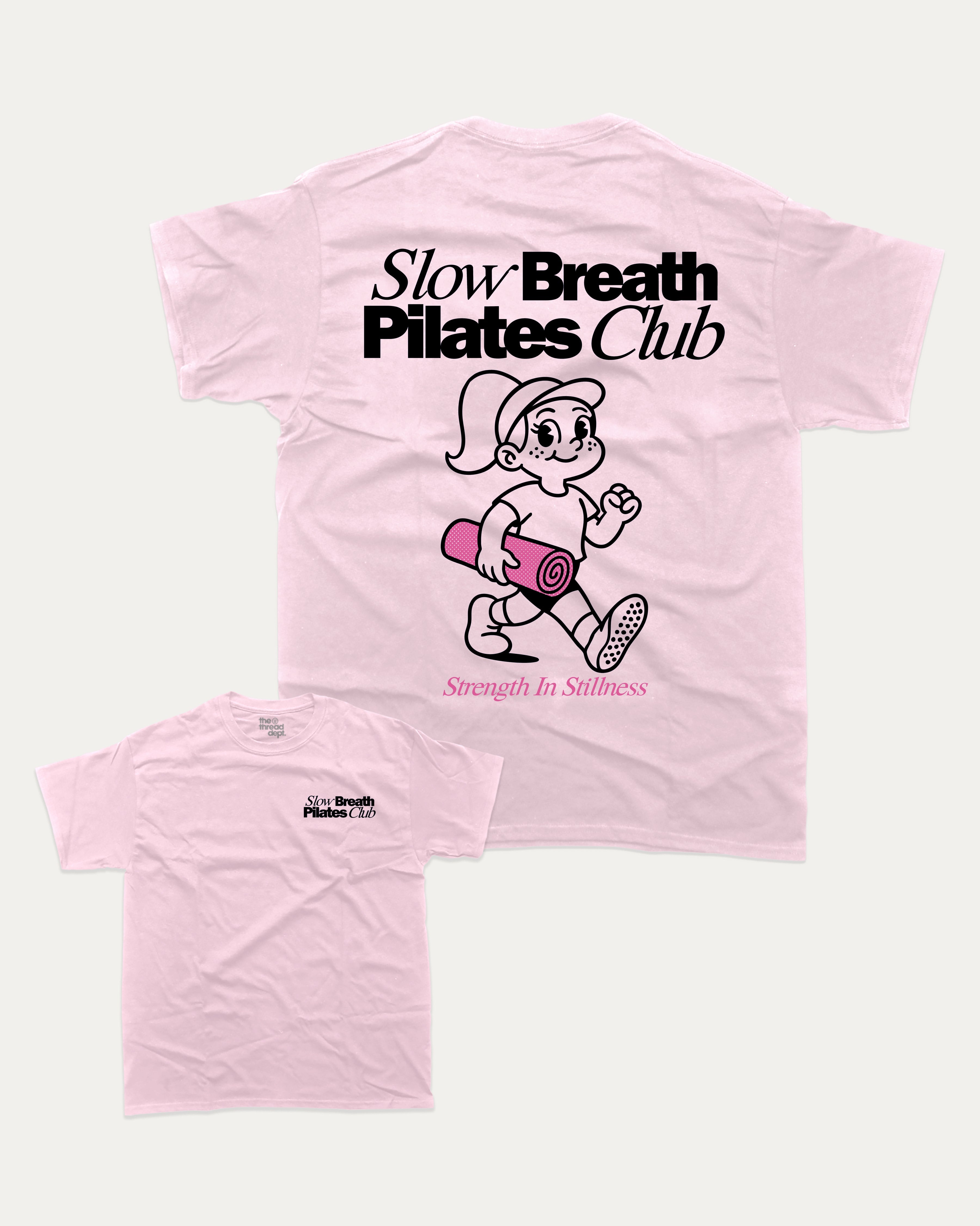 Slow Breath Pilates Club graphic tee with bold and humorous print, Pilates Graphic tee, Excercise Graphic tee, Workout t shirt, Perfect Gift for fit people, funny and trendy graphic. Perfect for adults and gift-giving. Pink shirt.