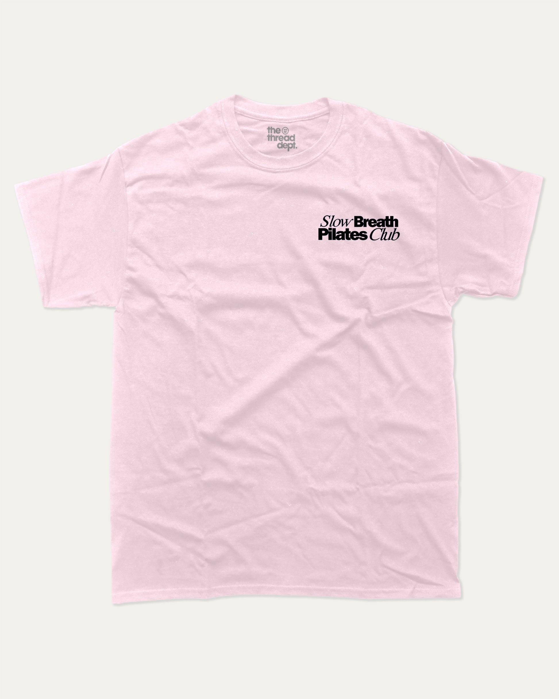 Slow Breath Pilates Club graphic tee with bold and humorous print, Pilates Graphic tee, Excercise Graphic tee, Workout t shirt, Perfect Gift for fit people, funny and trendy graphic. Perfect for adults and gift-giving. Pink shirt.